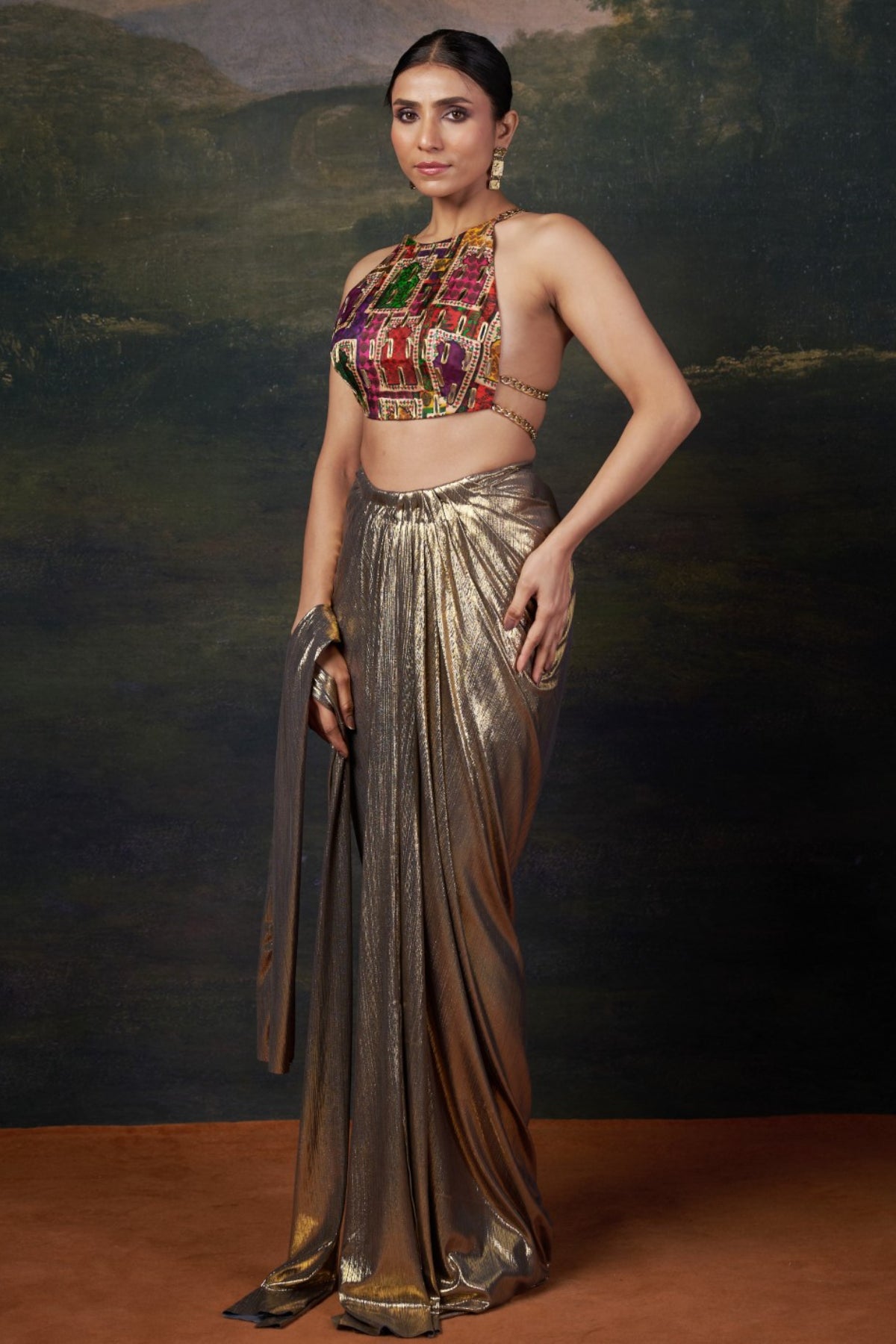 Tara – Gold Backless Halter Neck Hand-Embroidered Blouse With Draped Dhoti