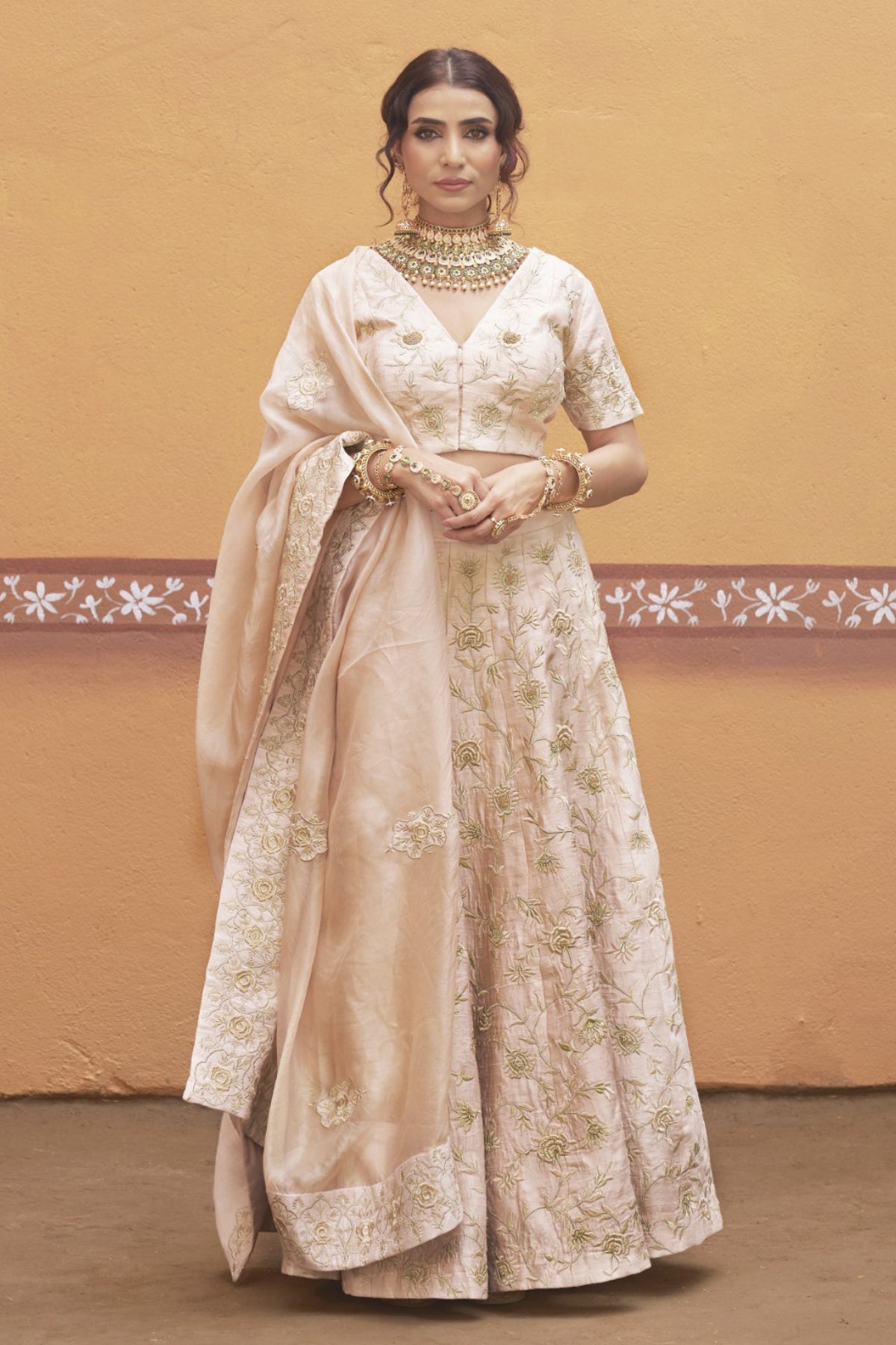 Vasundhara - Ivory Gold Jaal Work Fully Embroidered Lehenga Set