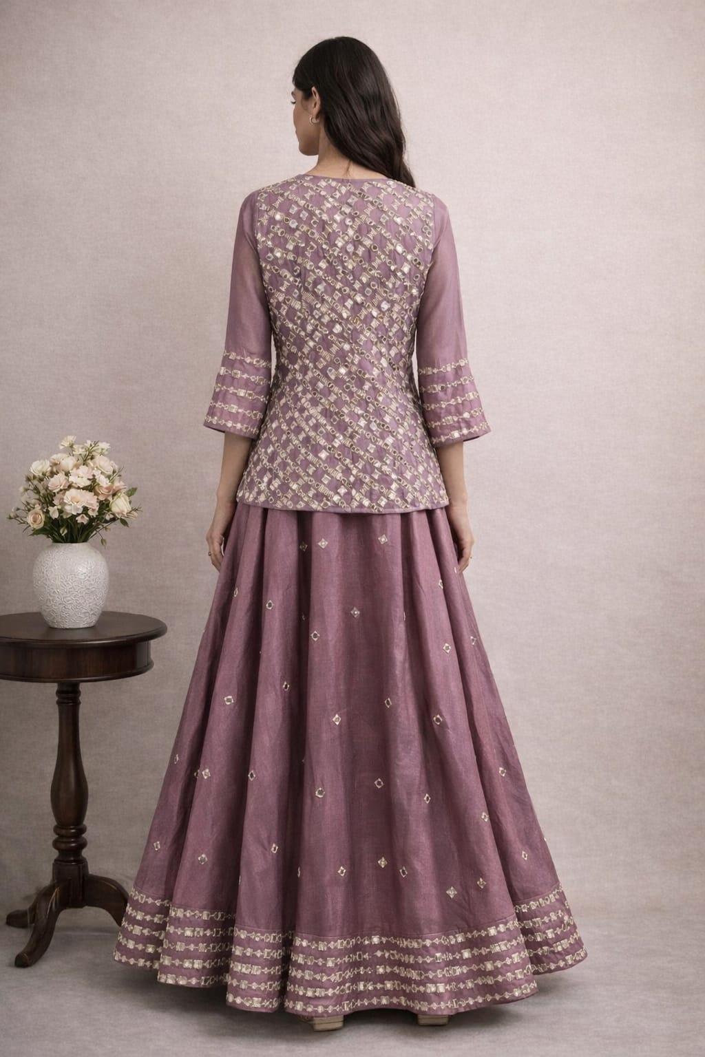 Wine Hand-Embroidered Jacket Lehenga Set