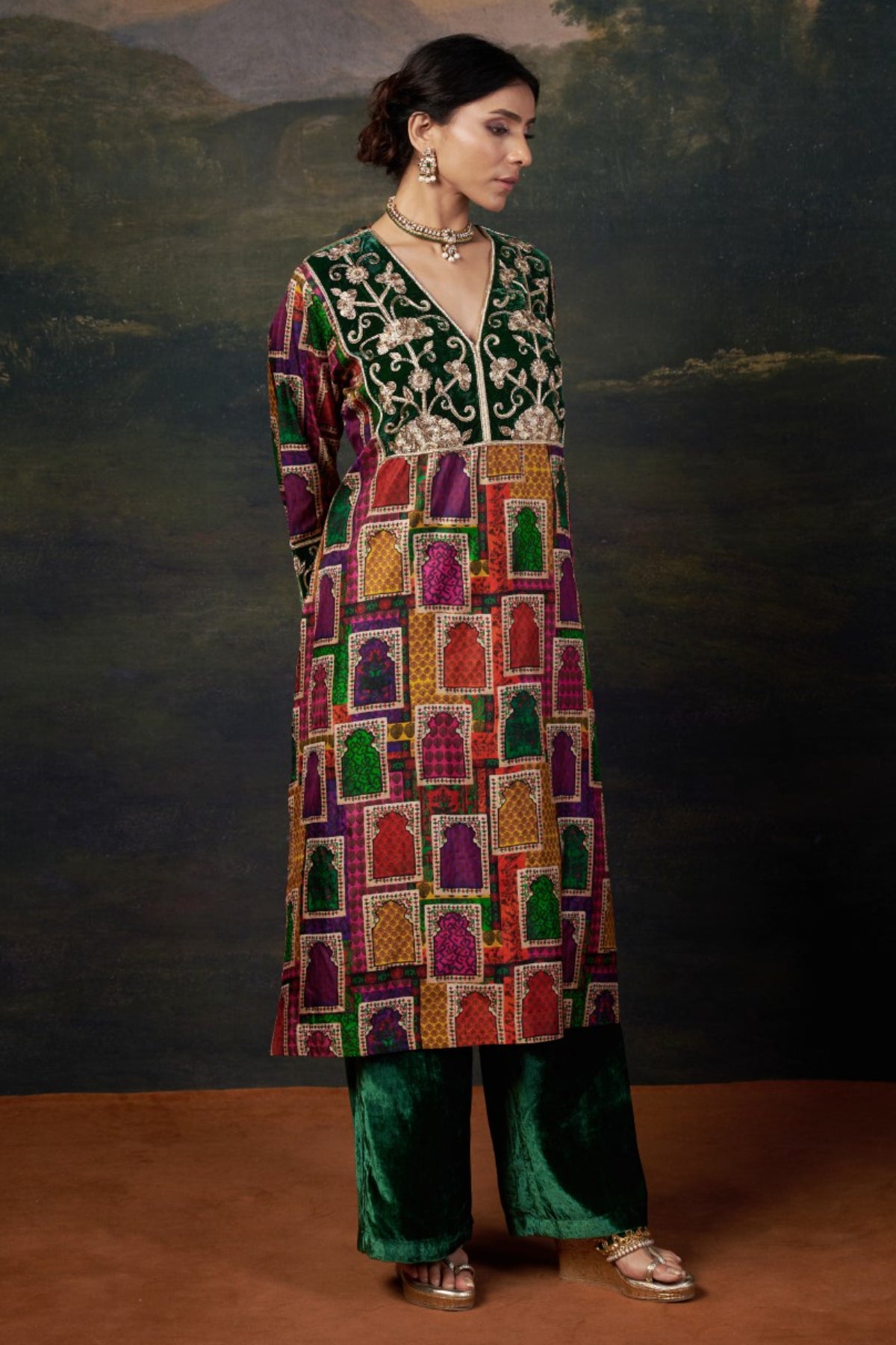 Haritha Hand-Embroidered Jharoka Print Green Kurta Set