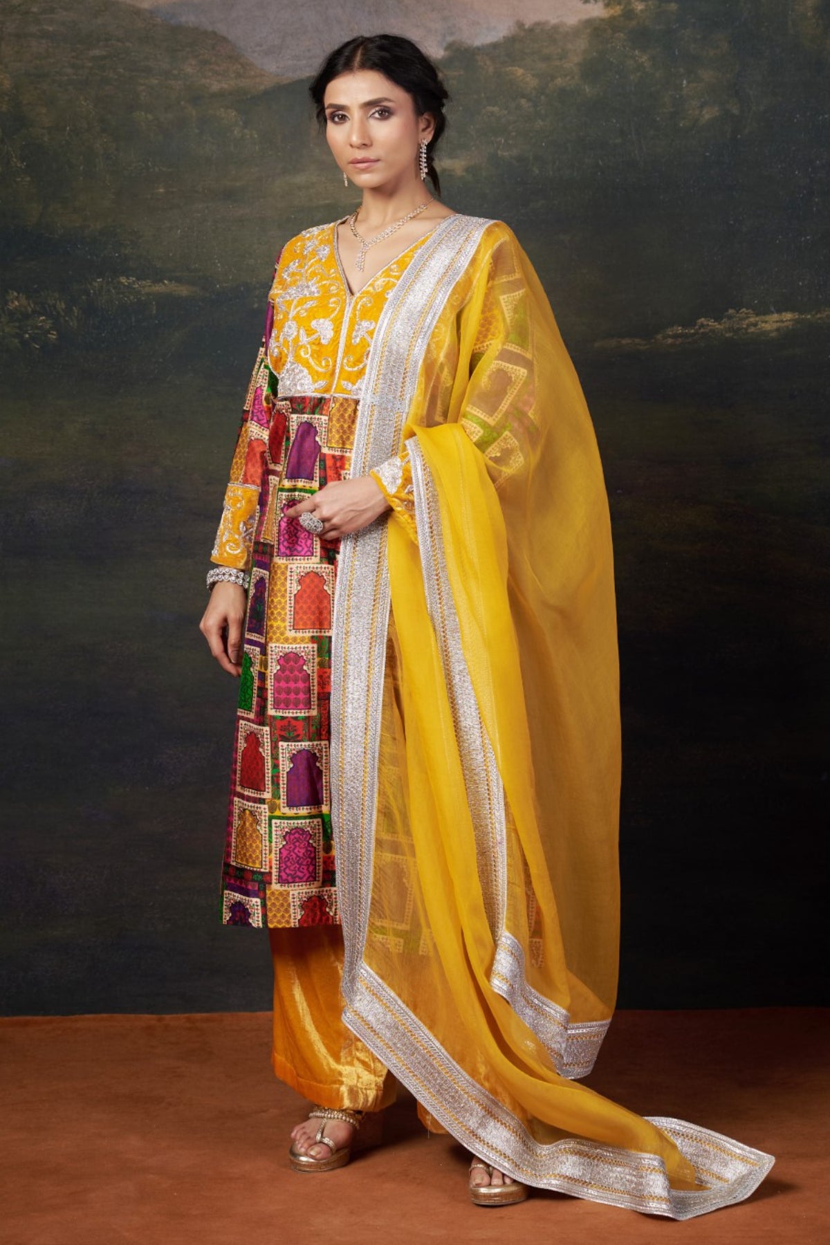 Peehu Hand-Embroidered Jharoka Print Yellow Kurta Set