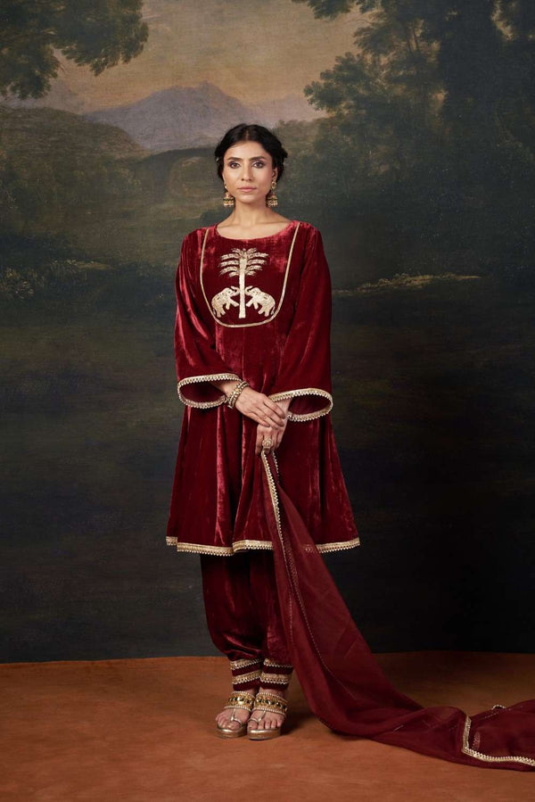 Vrinda Hand-Embroidered Velvet Red Kalidar Anarkali Set