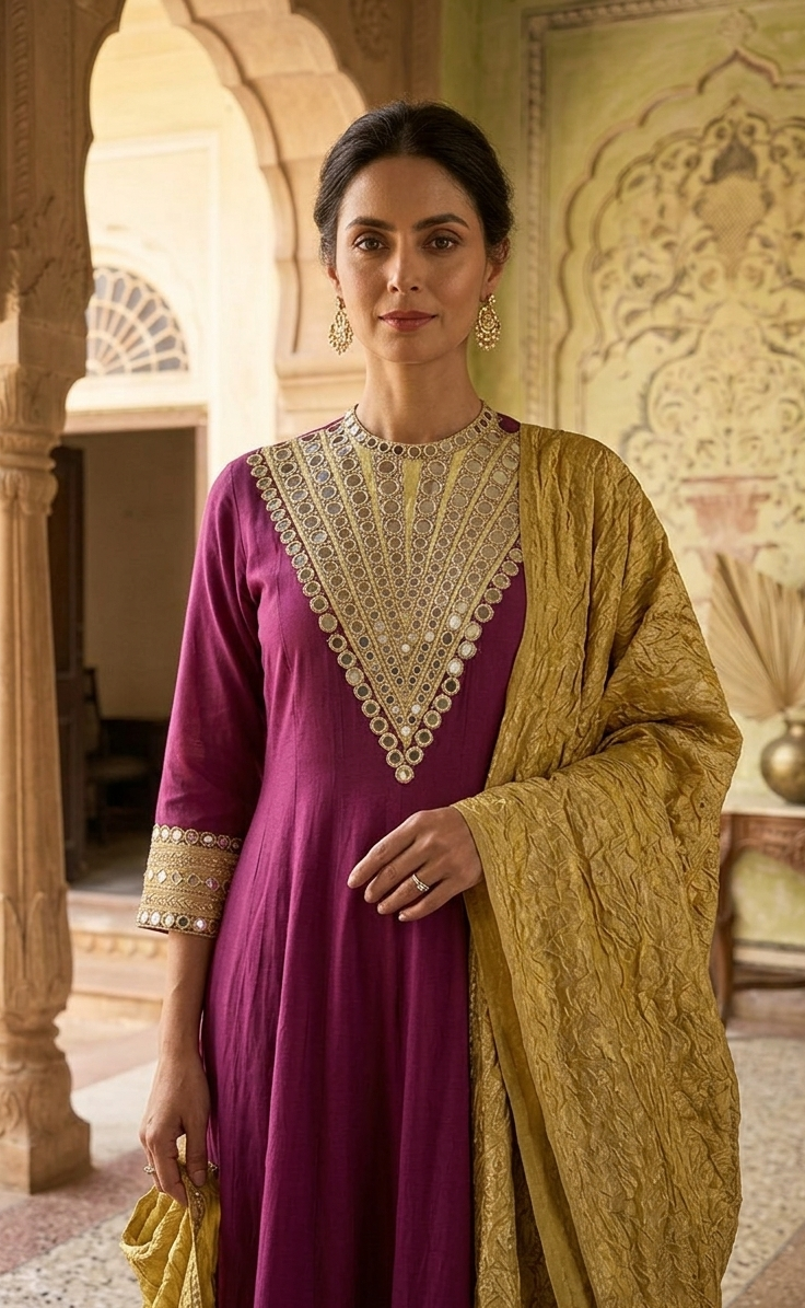 Purple & Lemon Hand-Embroidered Yoke Anarkali Set