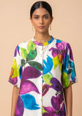 Calista - White & Purple Floral Print Silk Shantoon Midi Dress