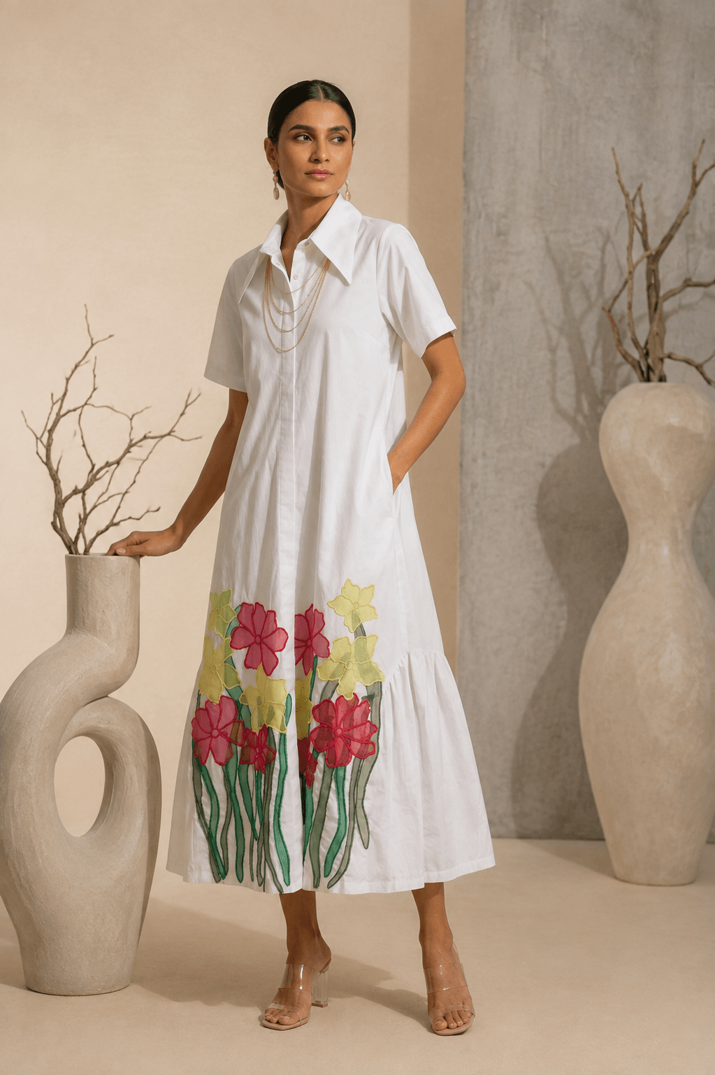Cerise - White Hand-Embroidered Cotton Poplin Shirt Dress