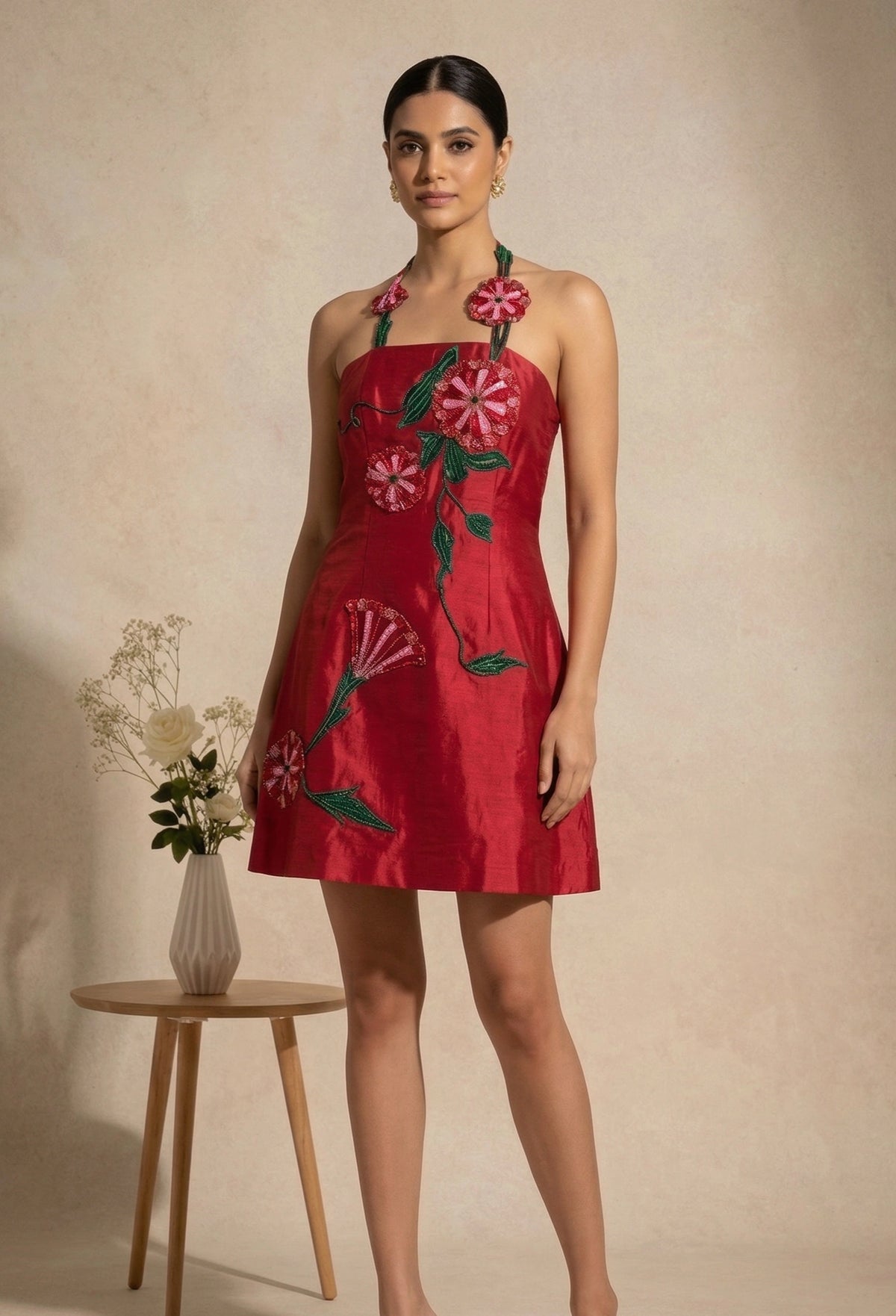 Rosa - Red Hand-Embroidered Floral Chanderi Cotton Mini Dress
