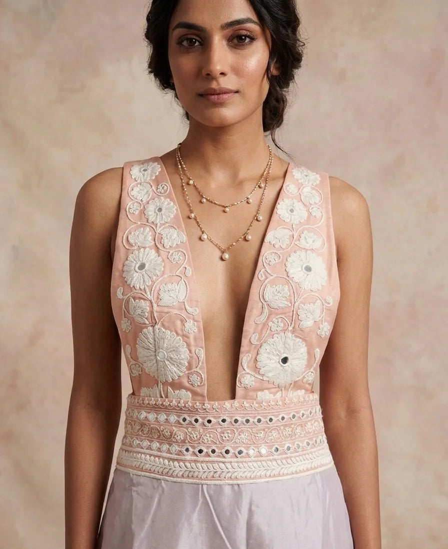Solene - Champagne Pink Hand-Embroidered Chanderi Cotton Dress