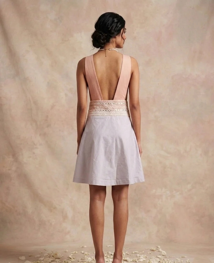 Solene - Champagne Pink Hand-Embroidered Chanderi Cotton Dress