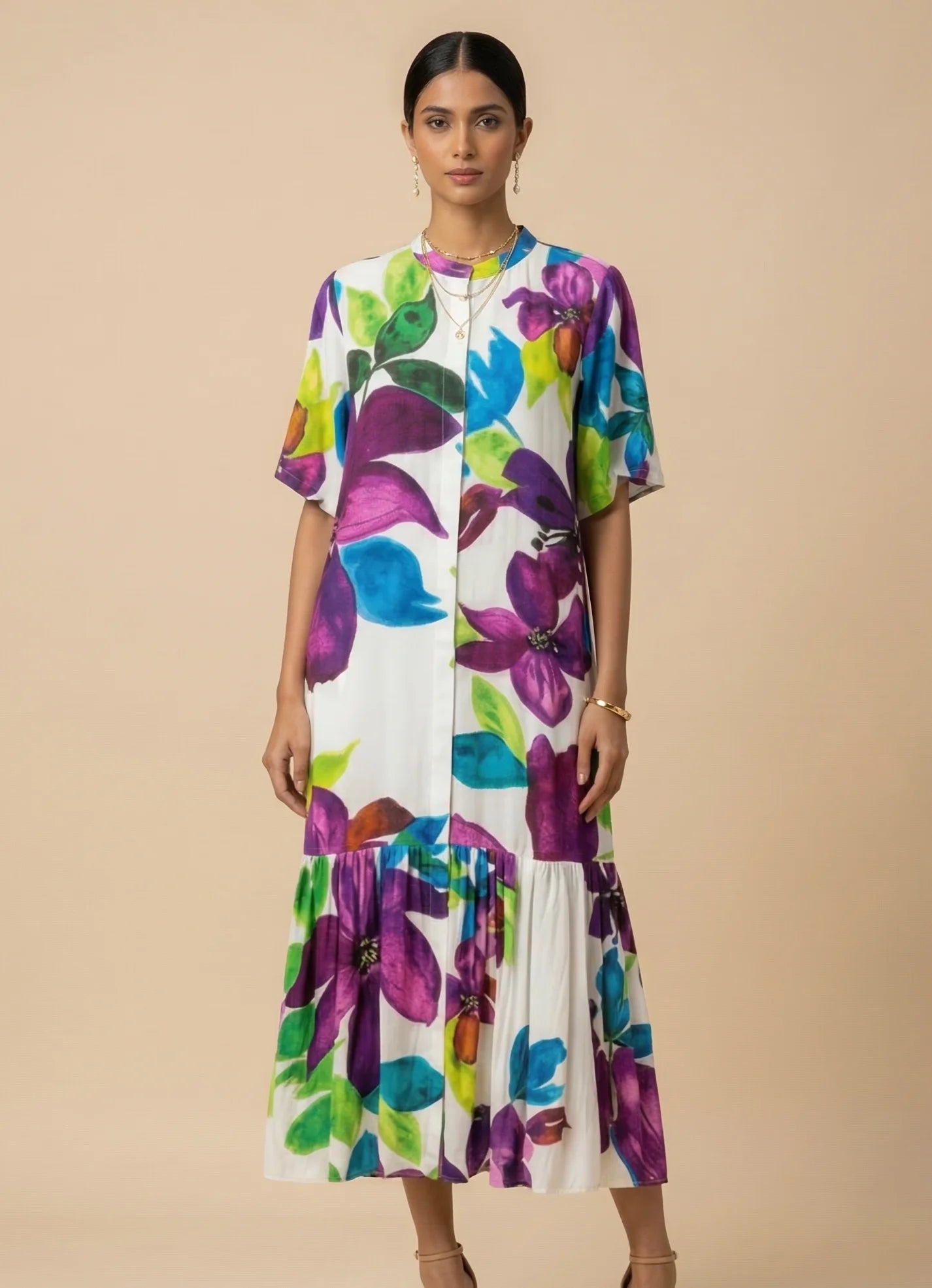 Calista - White & Purple Floral Print Silk Shantoon Midi Dress