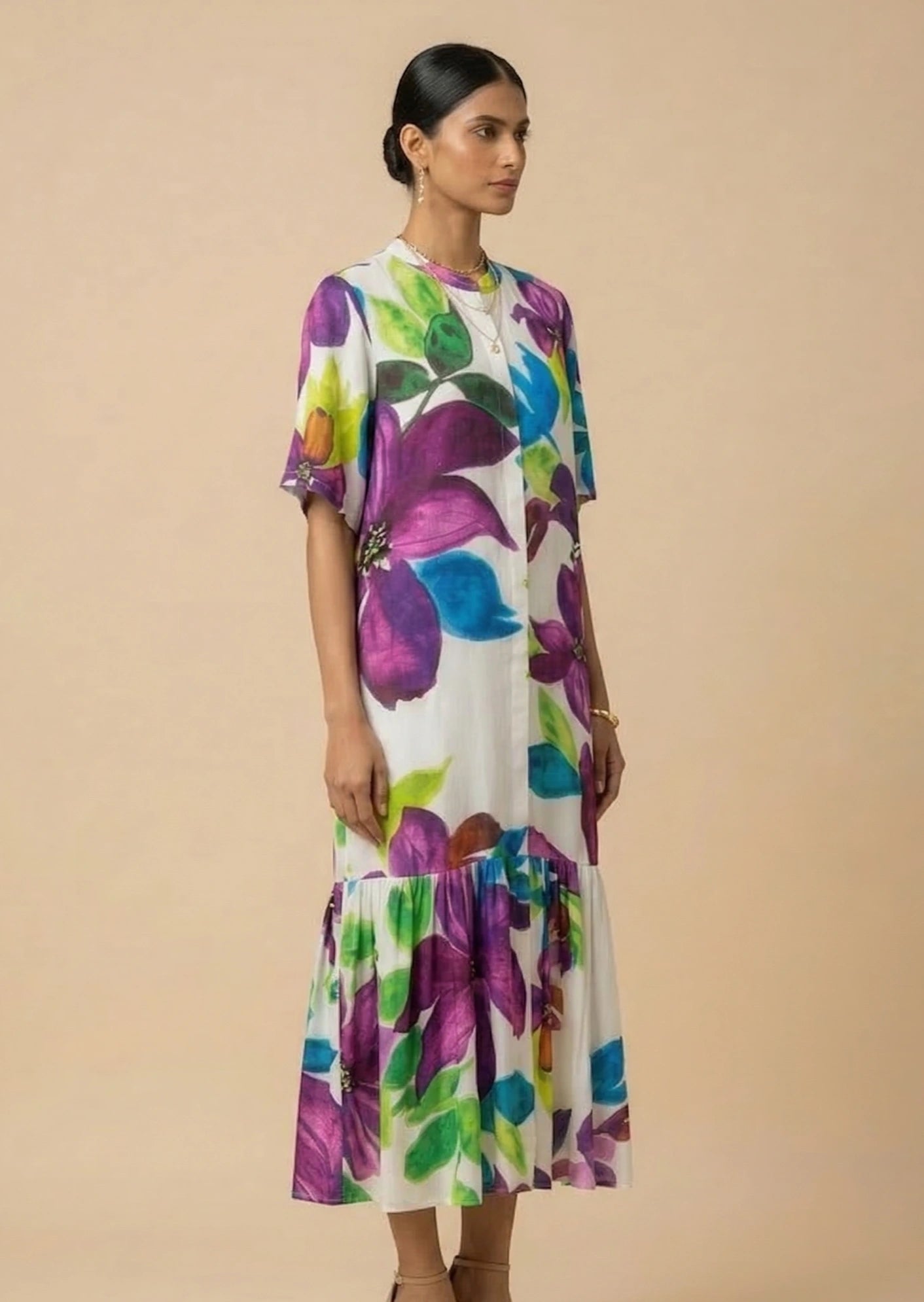 Calista - White & Purple Floral Print Silk Shantoon Midi Dress