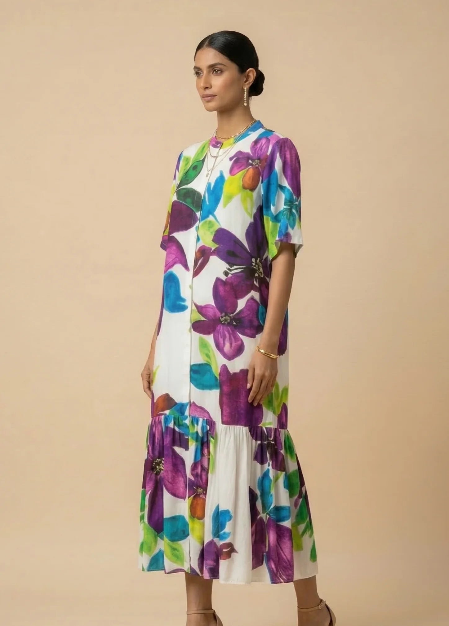 Calista - White & Purple Floral Print Silk Shantoon Midi Dress