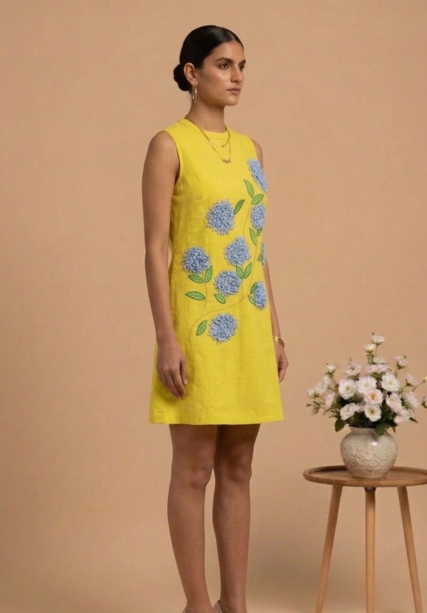 Lumina - Yellow Hand-Embroidered Floral Cotton Poplin Dress