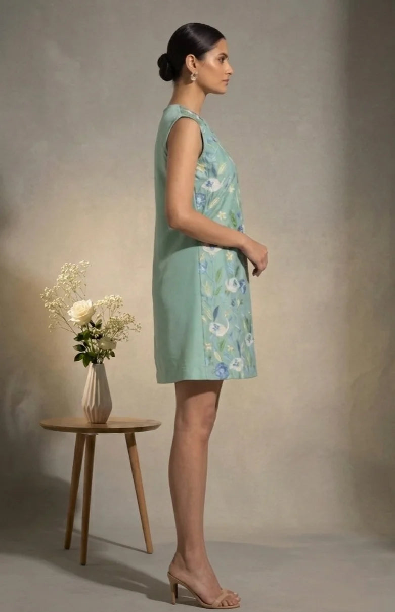 Elowen - Sage Green Embroidered Chanderi Cotton Mini Dress