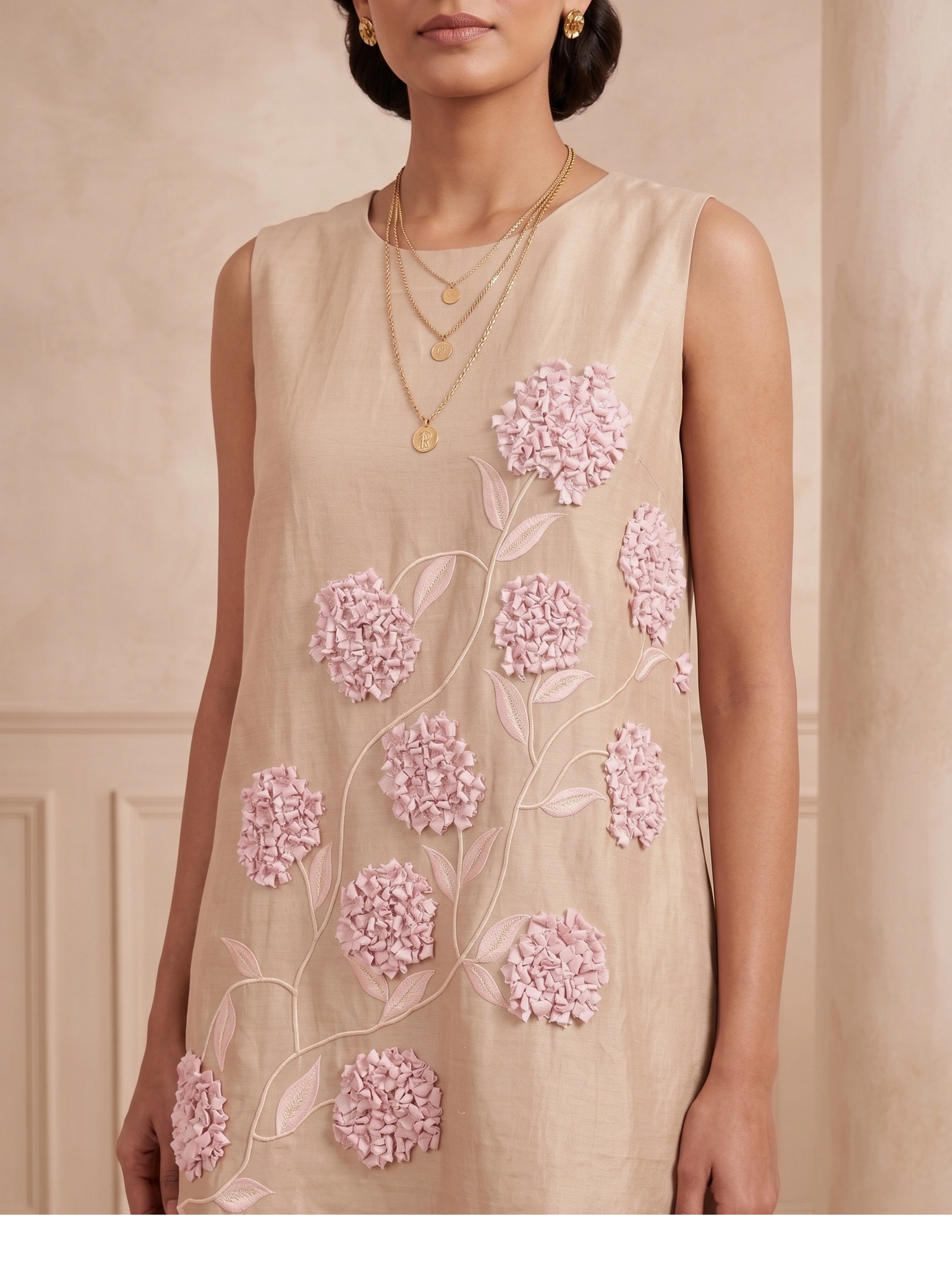 Fleur - Beige Hand-Embellished Floral Appliqué Chanderi Cotton Mini Dress