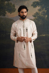 Beige hand embroidered Mirror Work Kurta with Matching Pant image 0