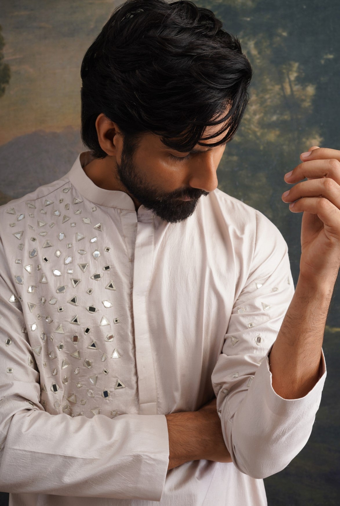 Champagne Hand embroidered Mirror Work Kurta with Matching Pyjama image 5
