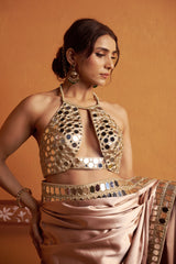 Clay tone fully hand embroidered blouse with mirror work border saree image 1