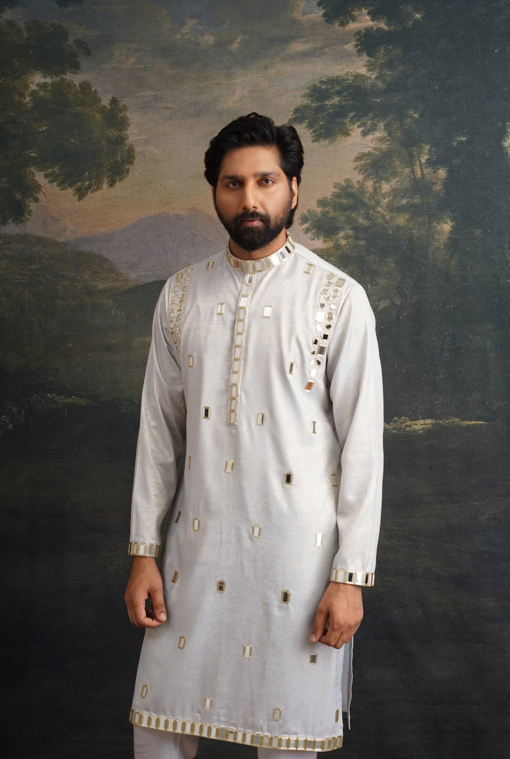 Frost grey gold fully hand embroidered mirror kurta set image 4