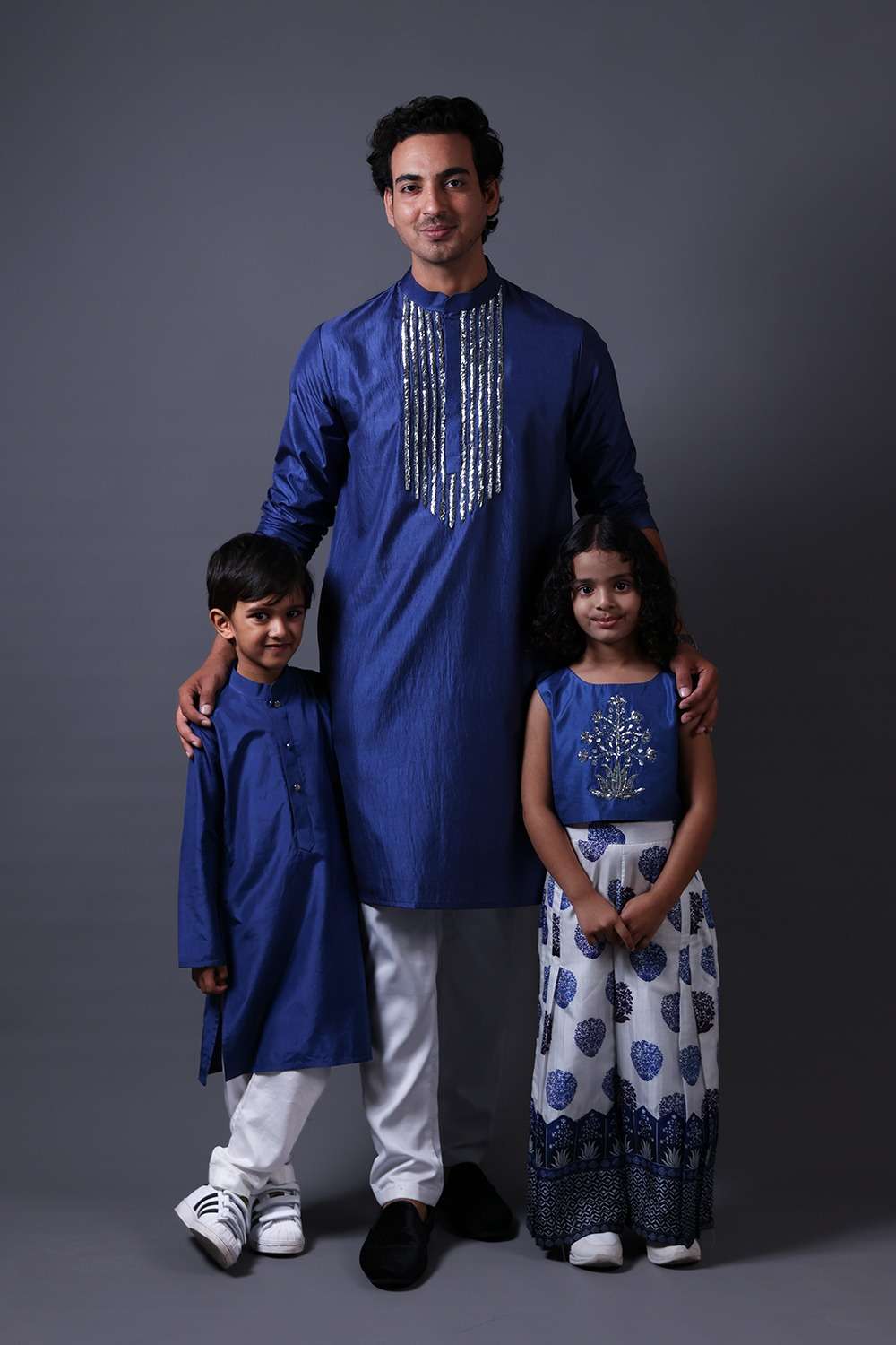 Neeli buti Hand Embroidered twinning set for Father + Daughter + Son image 0