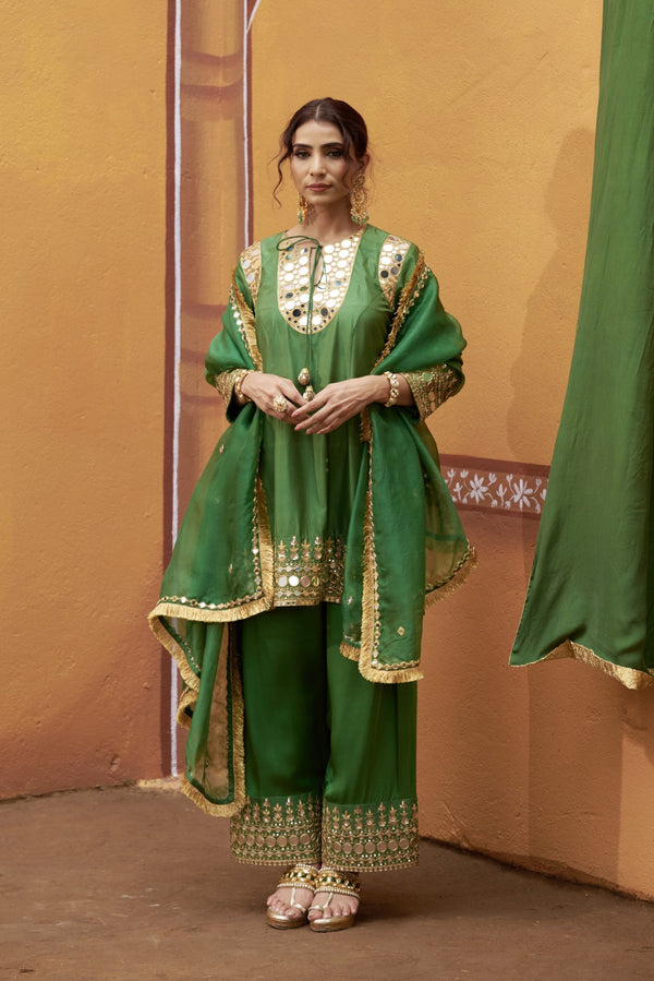 Vanya Green Hand-Embroidered Mirror Work Kurta Set