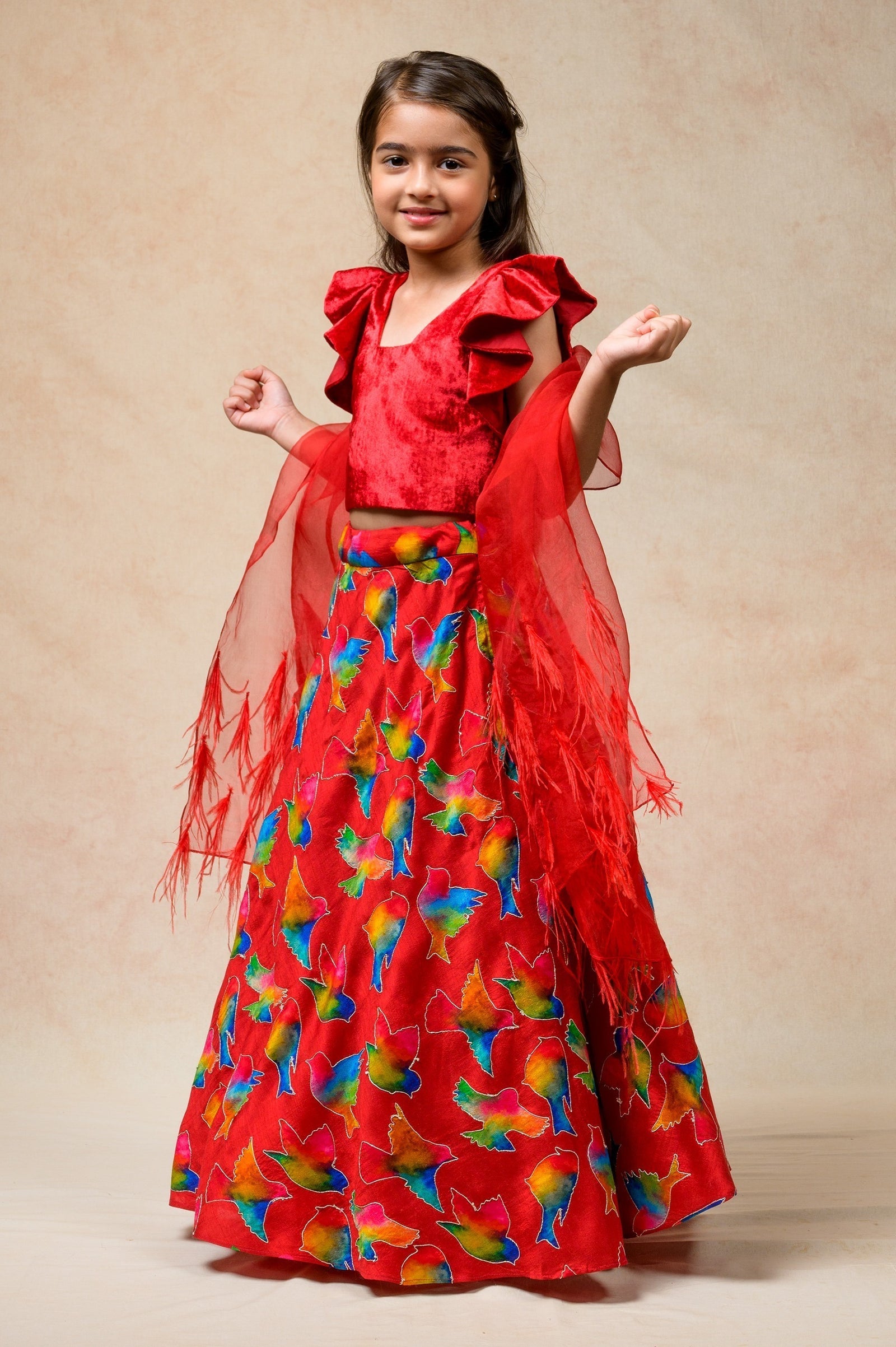 Hand Embroidered Lehenga With Ruffle Blouse And Feather Dupatta image 0