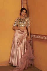 Hand-Embroidered Mirror Work Blouse with Blush Pink Kalidar Lehenga & Ruffle Dupatta image 1
