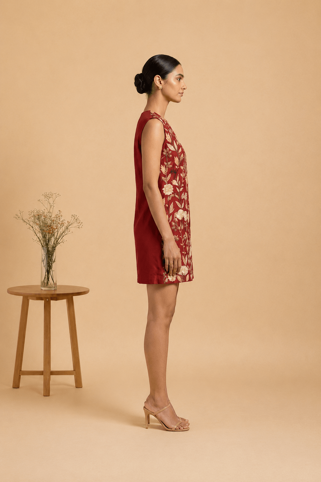 Liora - Red Hand-Embroidered Floral Chanderi Cotton Mini Dress