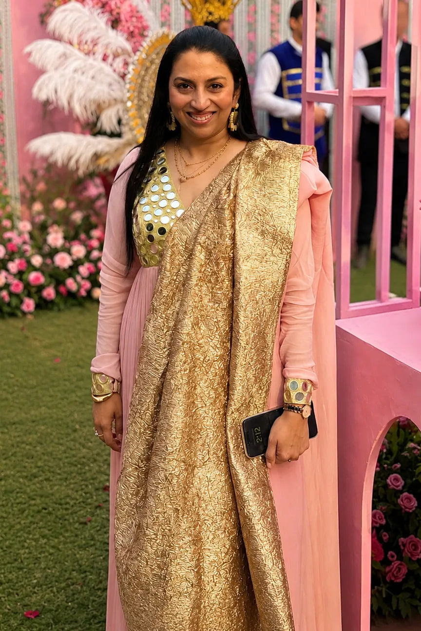 Blush Pink Hand-Embroidered Mirror Work Anarkali Set With Twin Dupatta