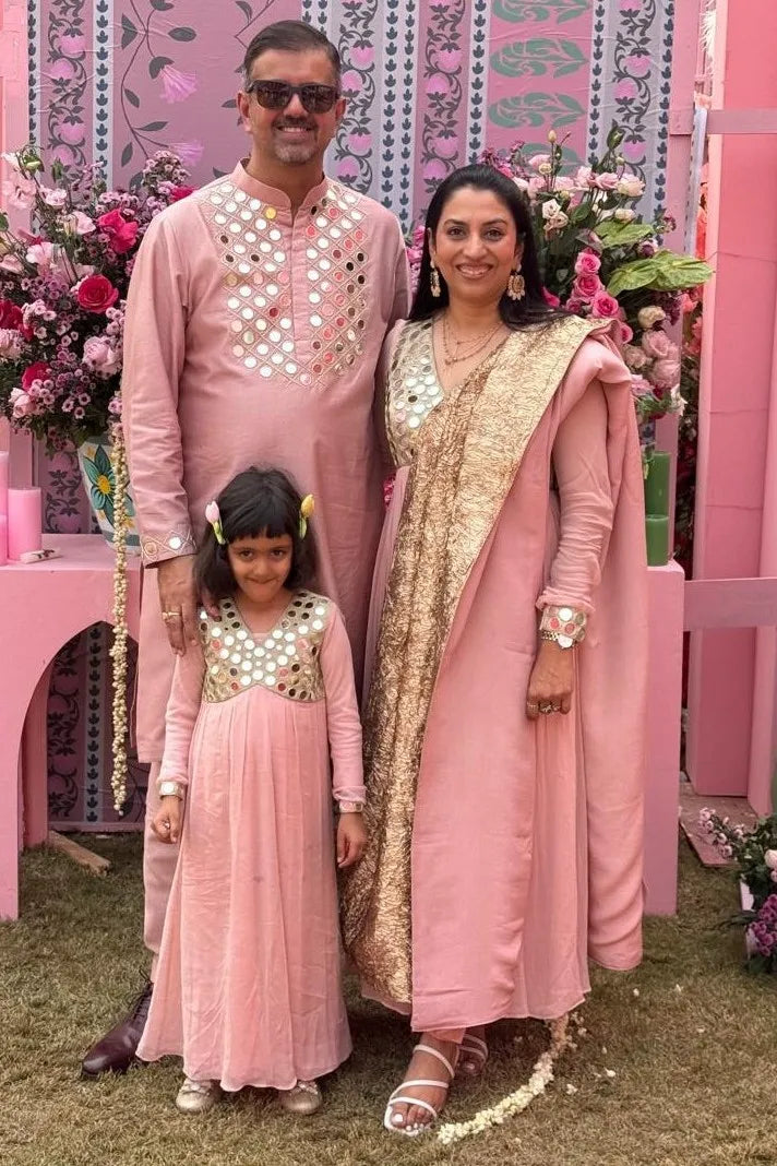 Blush Pink Hand-Embroidered Mirror Work Anarkali Set With Twin Dupatta