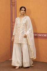 hand embroidered short cris cross kurta with pleated pants
