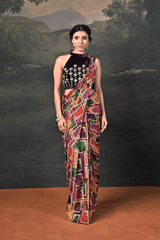 Hand-Embroidered Halter Neck Velvet Blouse with Pure Silk Jharokha Pre-Draped Saree image 0