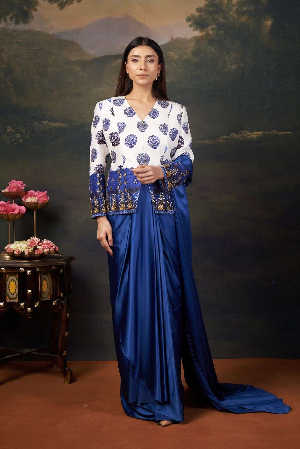 Celebrity Sapna Choudhary in Hand Embroidered Coat With Pre-Draped Saree image 2