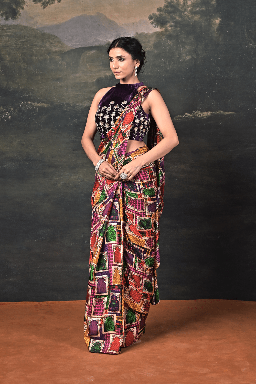 Hand-Embroidered Halter Neck Velvet Blouse with Pure Silk Jharokha Pre-Draped Saree image 2