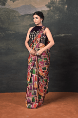 Hand-Embroidered Halter Neck Velvet Blouse with Pure Silk Jharokha Pre-Draped Saree image 2