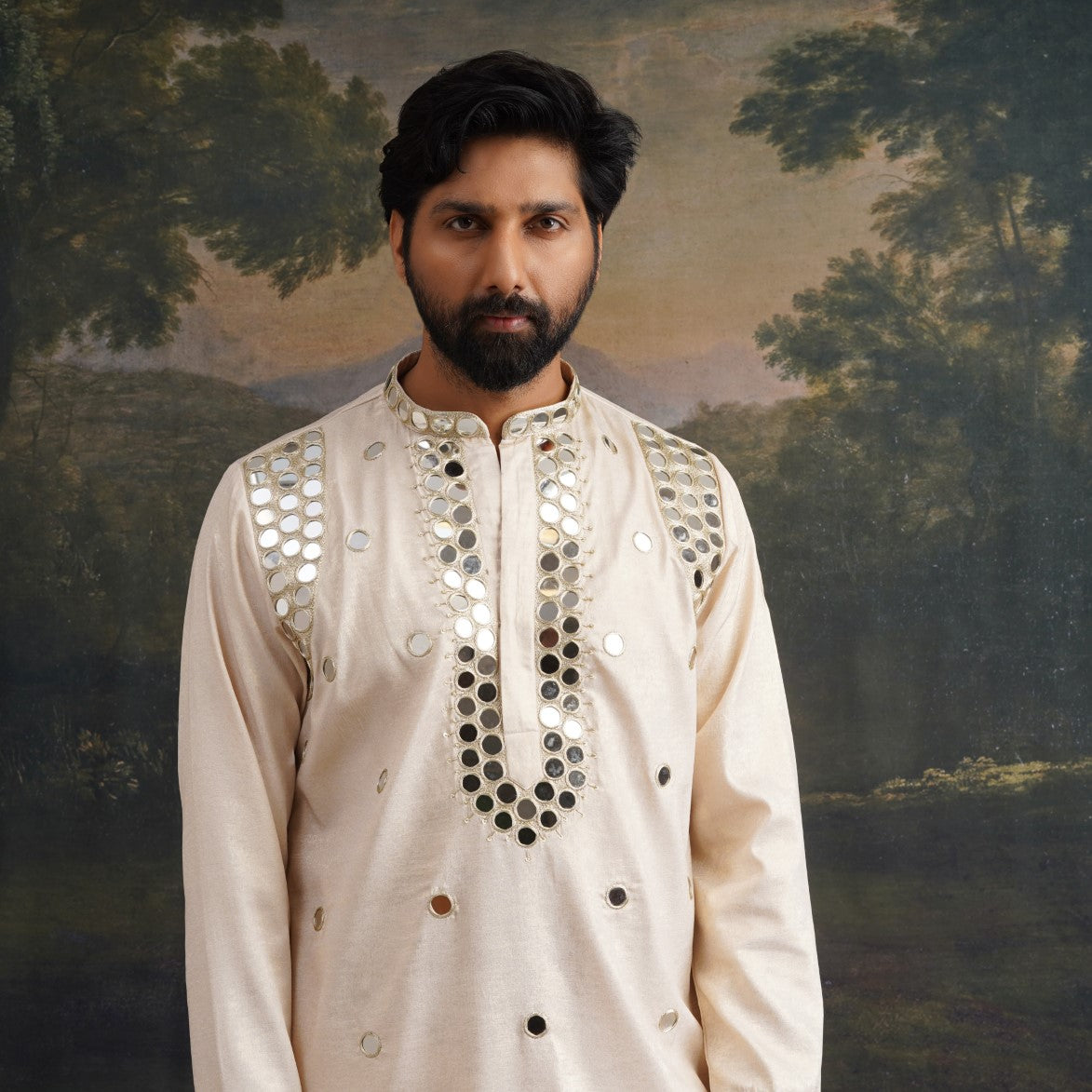 Ivory gold hand embroidred round mirror work kurta set image 4