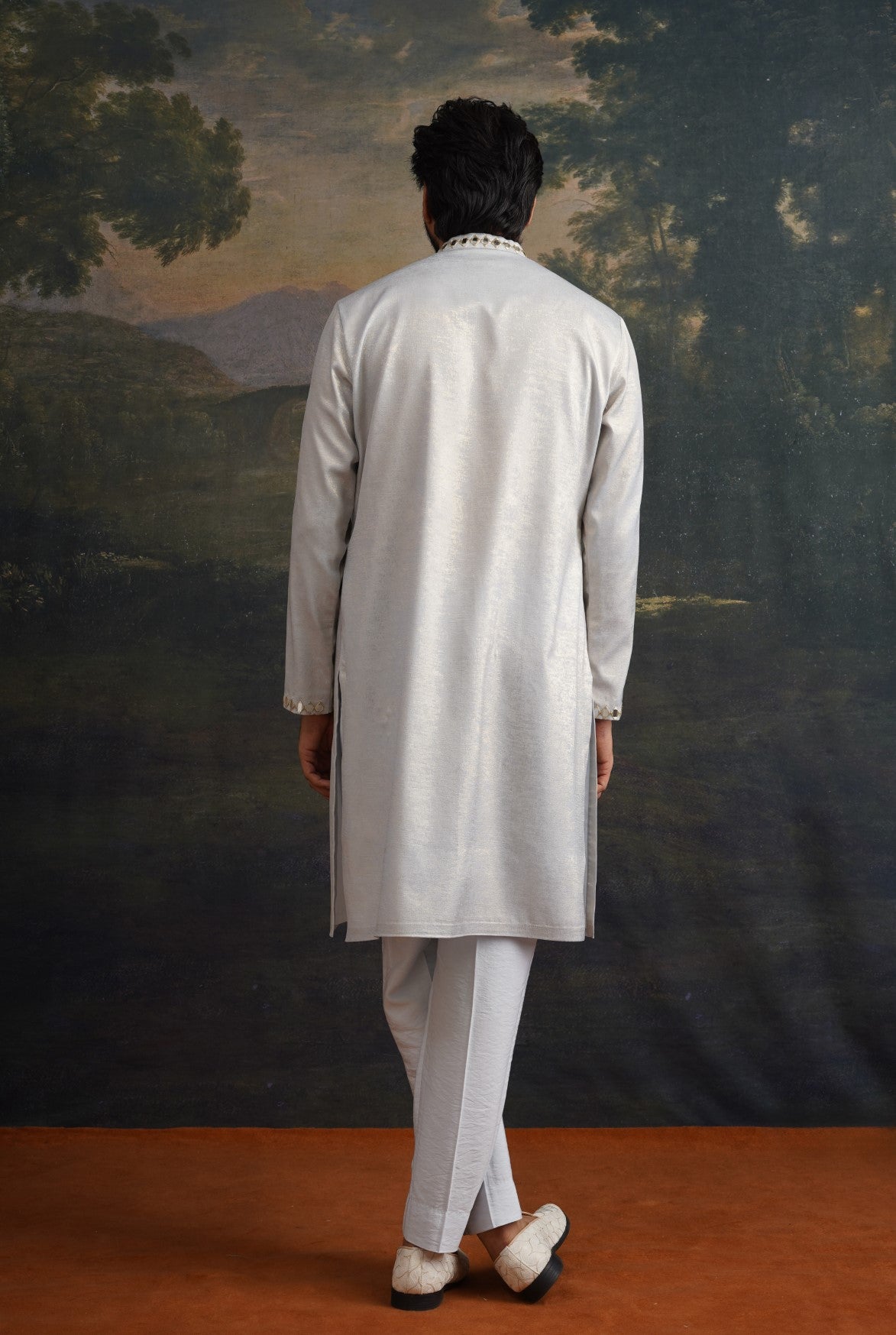 Ice grey gold hand emroidered kurta set image 2