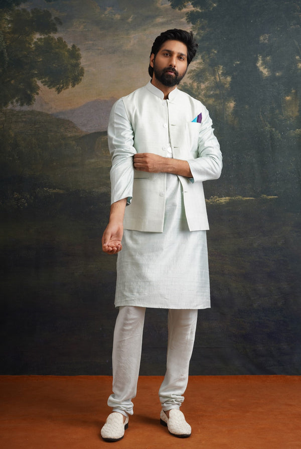 Hand embroidered Mint Green mirror work kurta pajama with Nehru jacket image 2