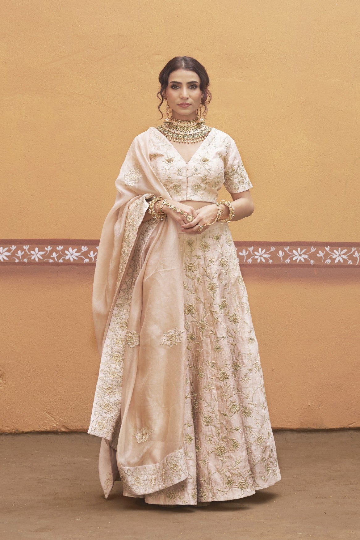 Ivory gold jaal work fully embroidered lehenga with blouse and dupatta image 8