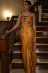 Hand embroidered blouse with pre draped liquid gold saree image 2