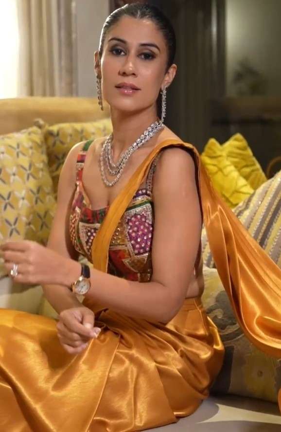 Celebrity Navneet Randhawa in our Hand embroidered blouse with pre draped liquid gold saree image 0