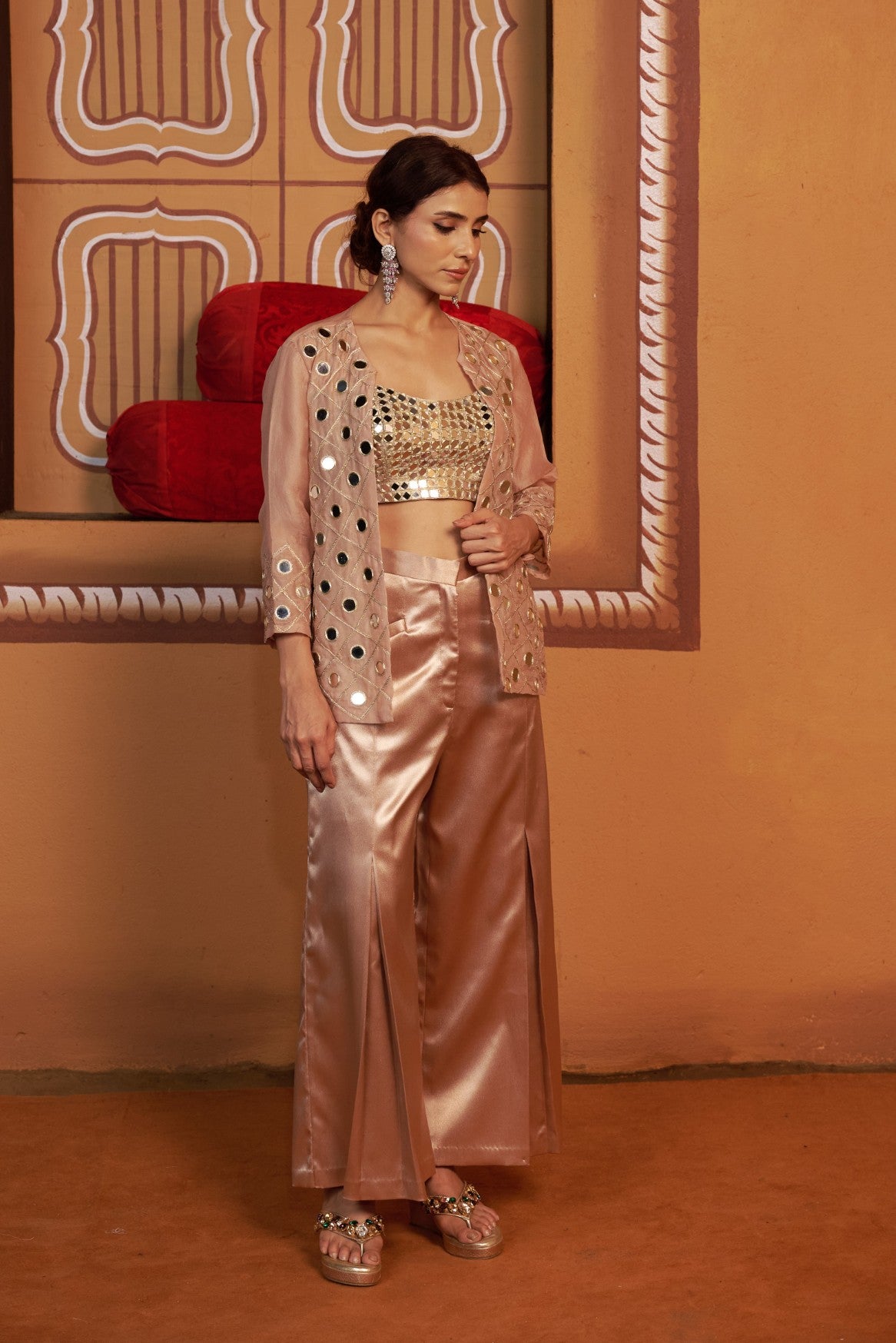 Mirror work Bustier with hand embroidered jacket and pants image 2