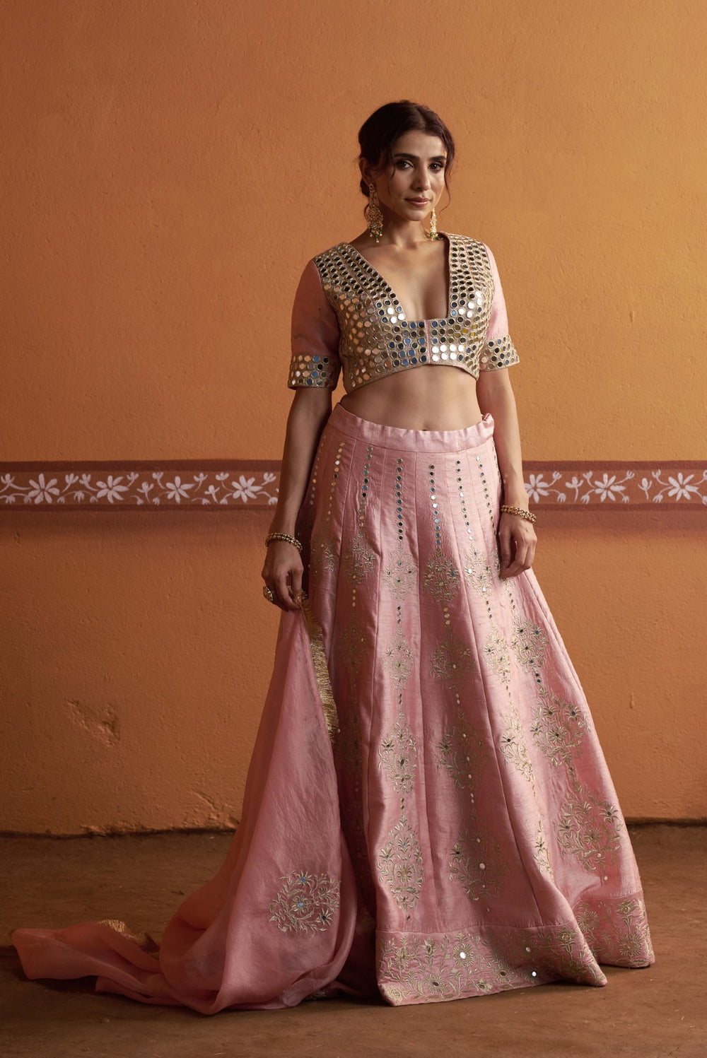Kalidar blush pink hand embroidered lehenga with blouse and dupatta image 6