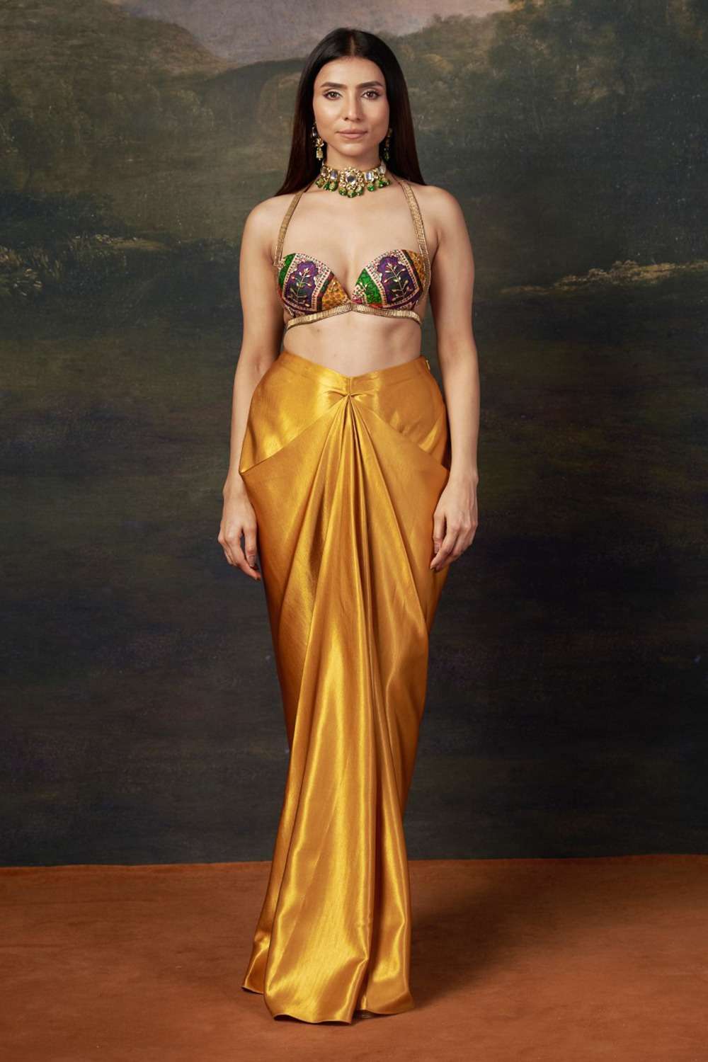 Bold Bralette Blouse with Embellished Handwork, Cape & Dhoti image 2