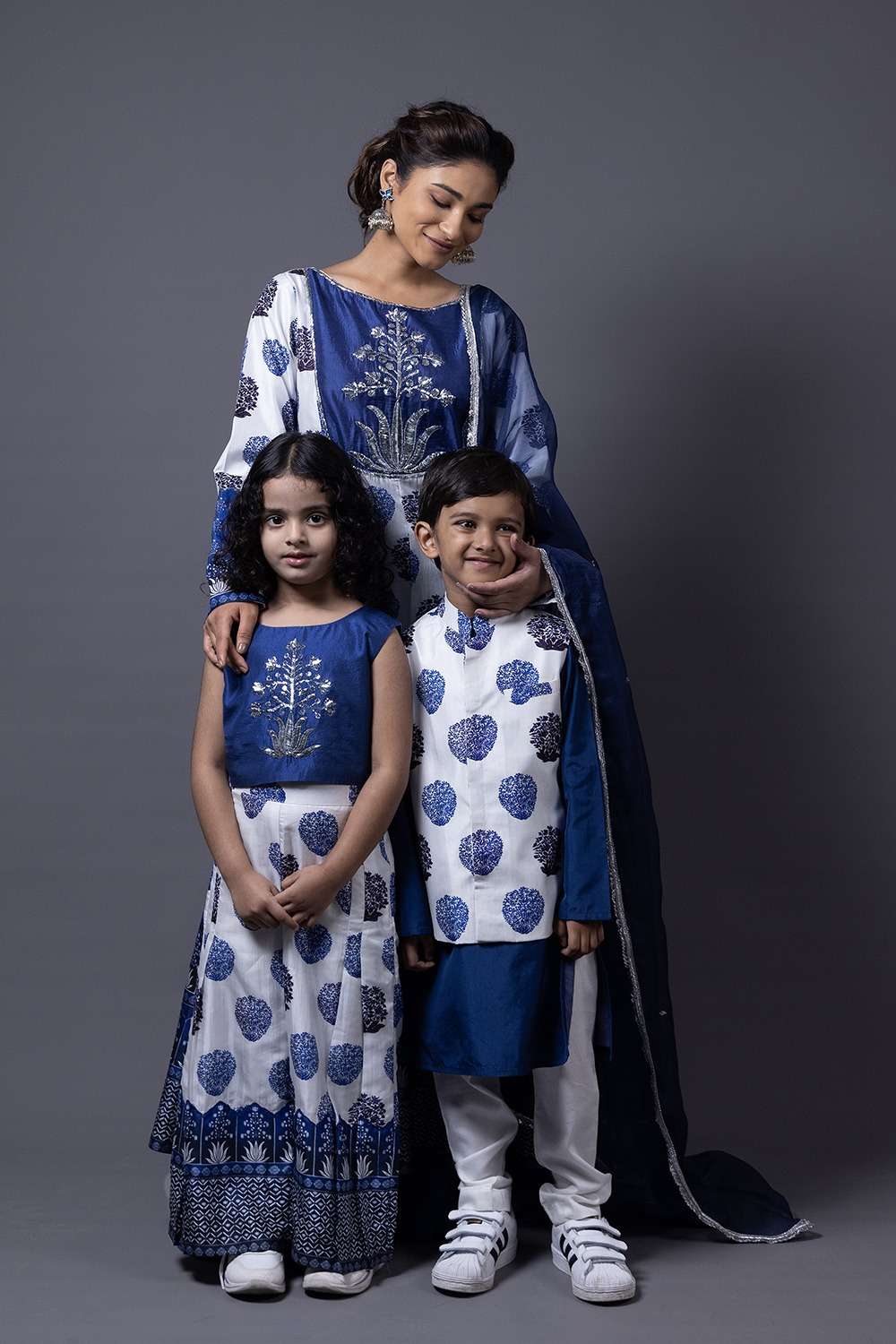 Neeli buti Hand Embroidered twinning set for Mom + Daughter + Son image 0