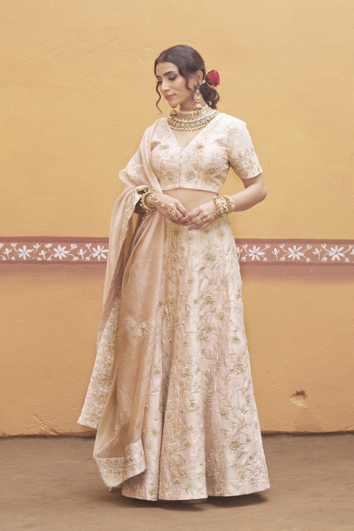 Ivory gold jaal work fully embroidered lehenga with blouse and dupatta image 7