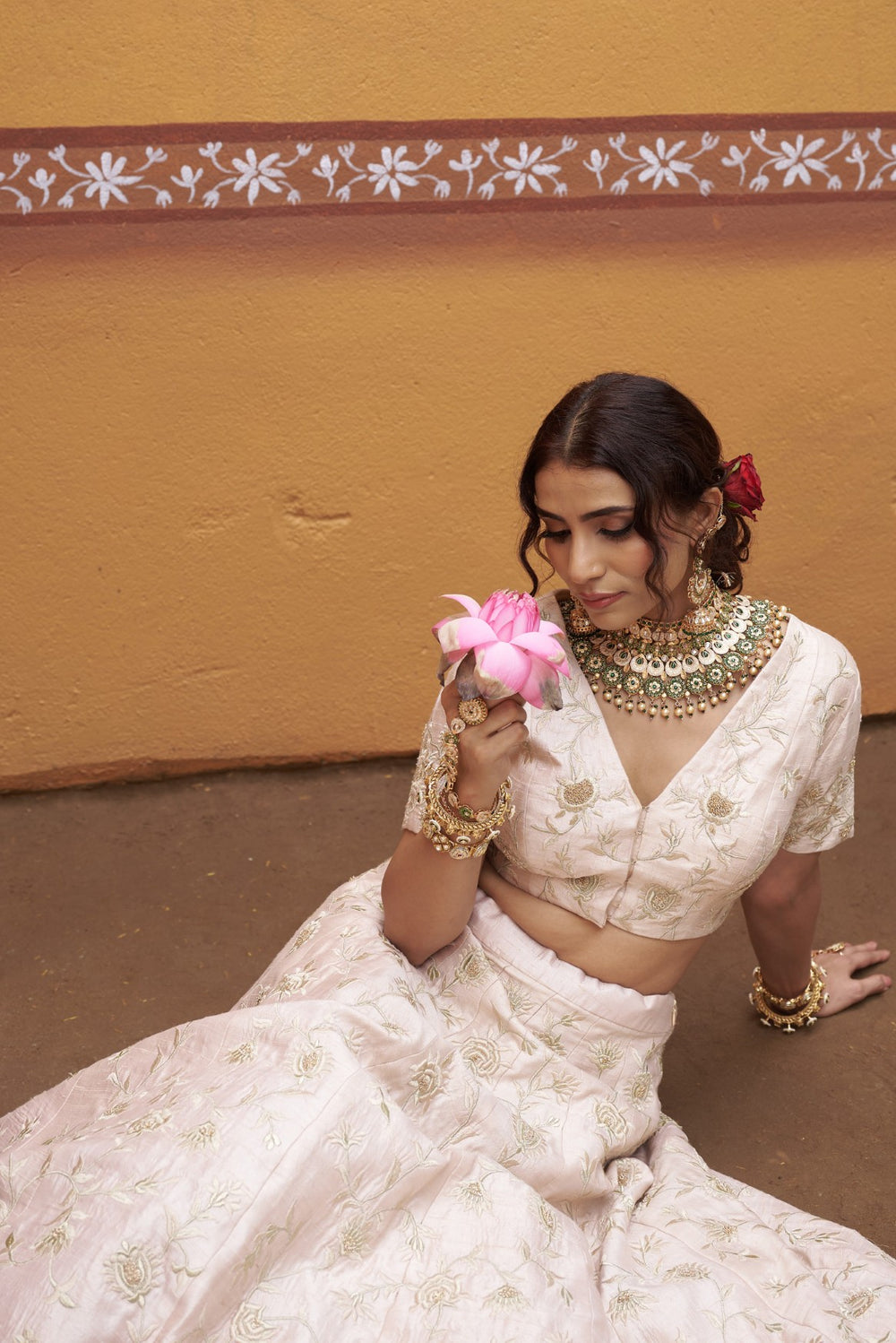 Ivory gold jaal work fully embroidered lehenga with blouse and dupatta image 9