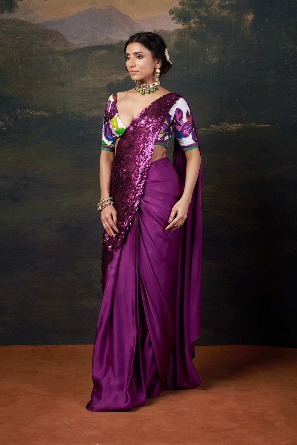 Hand-Embroidered Pre-Draped Saree with Abstract Floral Print image 2