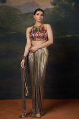 Backless Halter Neck Hand-Embroidered Blouse with Draped Dhoti image 2