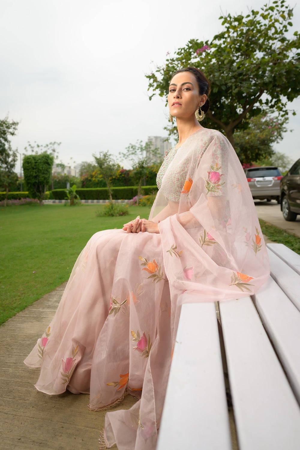 Embroidered blouse with organza lehenga, dupatta image 5