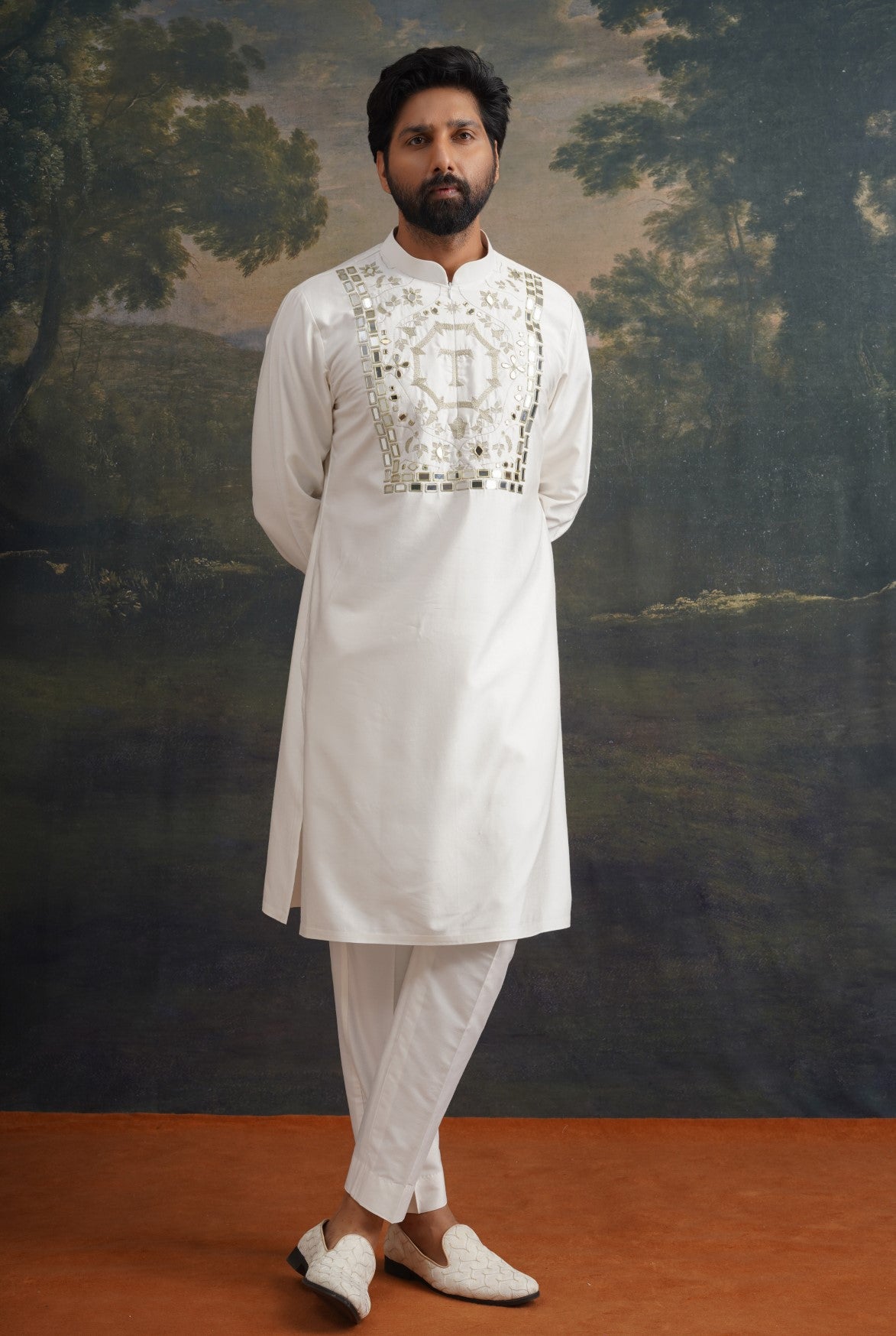 Ivory Hand-Embroidered Zari Work Logo Kurta with Matching Pant image 0